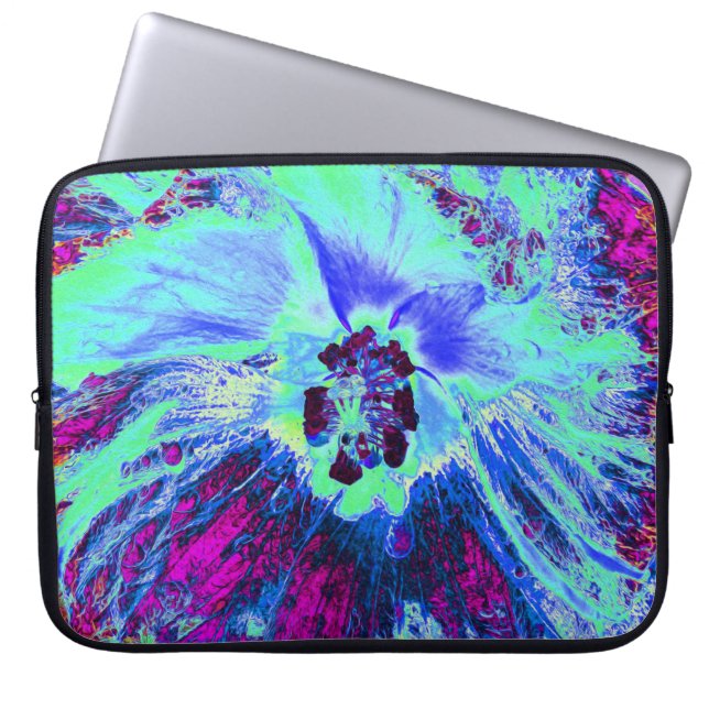 Psychedelic Retro Green und Blue Hibiskus Blume Laptopschutzhülle (Vorderseite)