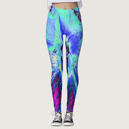 Psychedelic Retro Green und Blue Hibiskus Blume Leggings