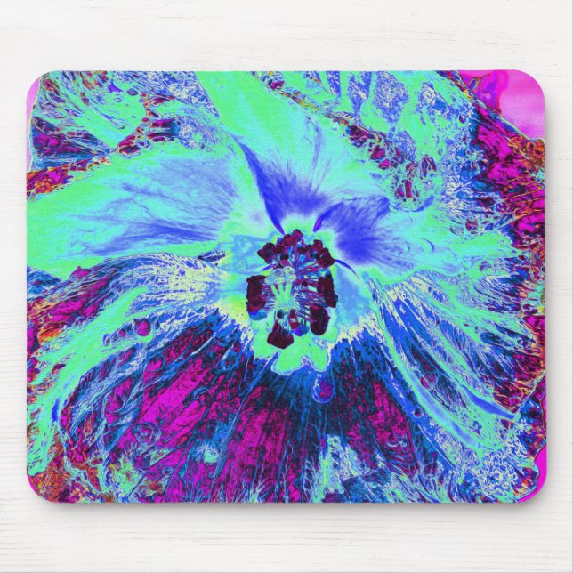 Psychedelic Retro Green und Blue Hibiskus Blume Mousepad (Vorne)