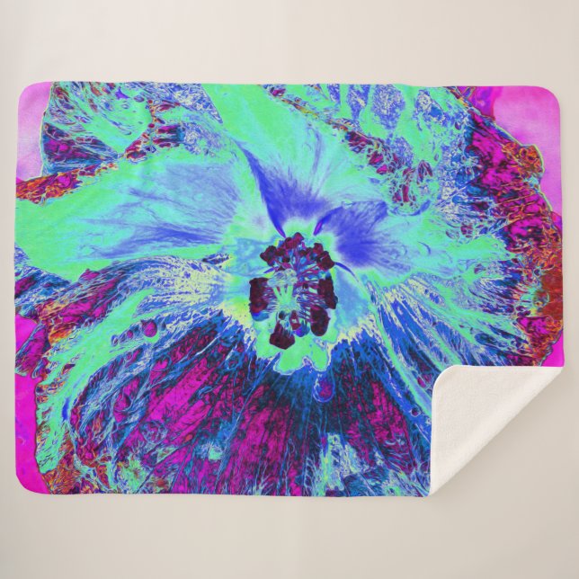 Psychedelic Retro Green und Blue Hibiskus Blume Sherpadecke (Vorderseite (Horizontal))