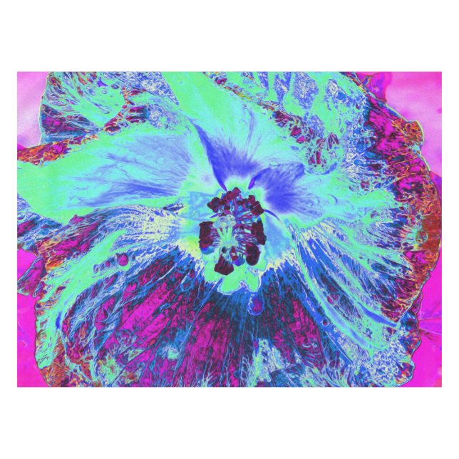 Psychedelic Retro Green und Blue Hibiskus Blume Tischdecke (Vorderseite (Horizontal))