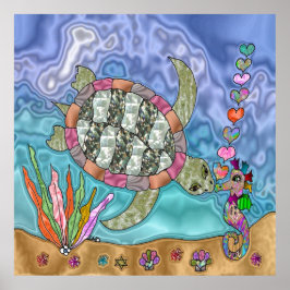 Psychedelic Sea Turtle Seepferd Art Keramik Tile Poster