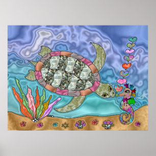 Psychedelic Sea Turtle Seepferd Art Poster