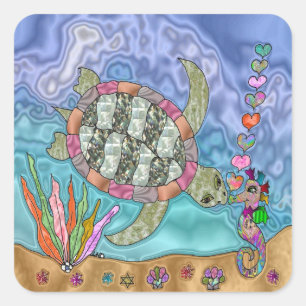 Psychedelic Sea Turtle Seepferd Art Quadratischer Aufkleber