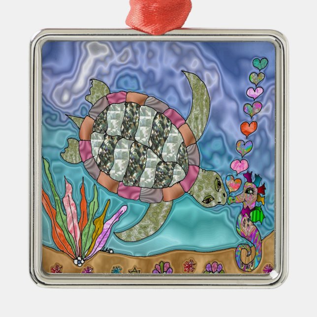 Psychedelic Sea Turtle Seepferd Art Silbernes Ornament (Vorne)