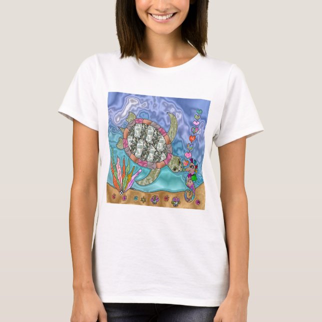 Psychedelic Sea Turtle Seepferd Art T-Shirt (Vorderseite)