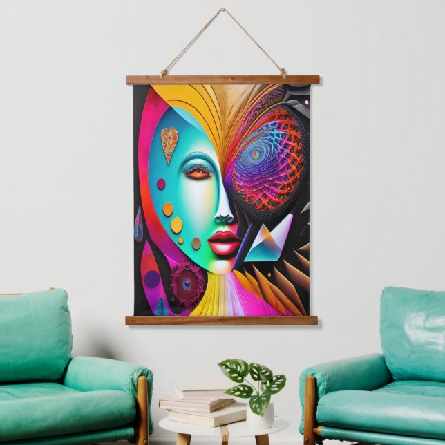 Psychedelic Spiral Woman Rainbow Energy Abstrakt Wandteppich Mit Holzrahmen (Wohnzimmer)
