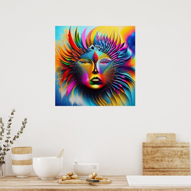 Psychedelic Sun Face Boho Trippy Abstrakt Poster (Küche)