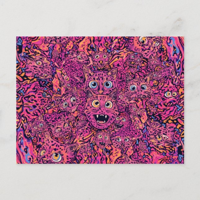 Psychedelic trippy cat in vibrant neon postkarte (Vorderseite)