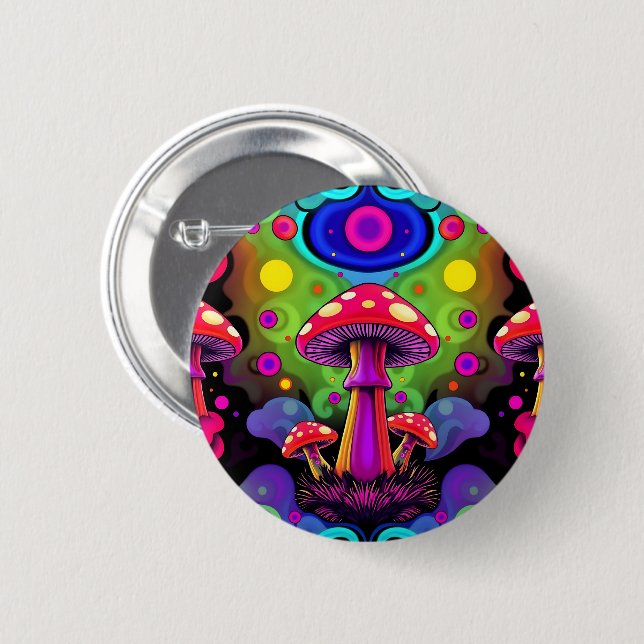 Psychedelic Vibrant Colorful Retro Mushrooms Button (Vorne & Hinten)