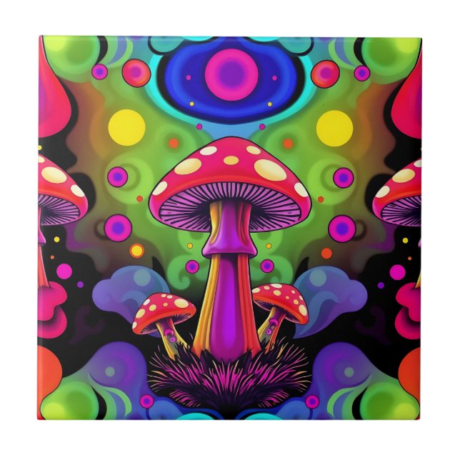 Psychedelic Vibrant Colorful Retro Mushrooms Fliese (Vorderseite)