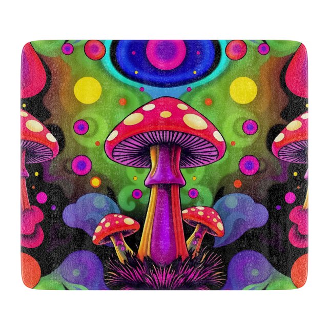 Psychedelic Vibrant Colorful Retro Mushrooms Schneidebrett (Vorderseite)