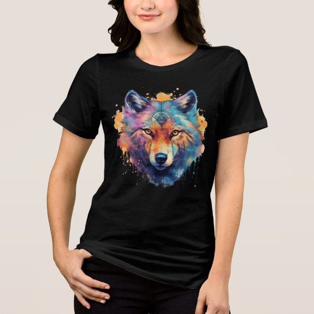 Psychedelic Wolf – Rainbow Spirit Animal Art Tri-Blend Shirt (Vorderseite)