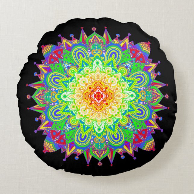 Psychedelic Zen Mandala Abstrakt Art Rundes Kissen (Vorderseite)