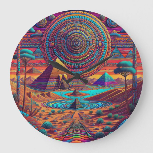 Psychedelisch-ägyptische Landschaft Große Wanduhr (Vorderseite)