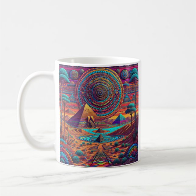 Psychedelisch-ägyptische Landschaft Kaffeetasse (Links)