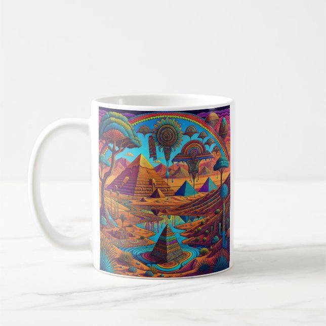 Psychedelisch-ägyptische Landschaft Kaffeetasse (Links)
