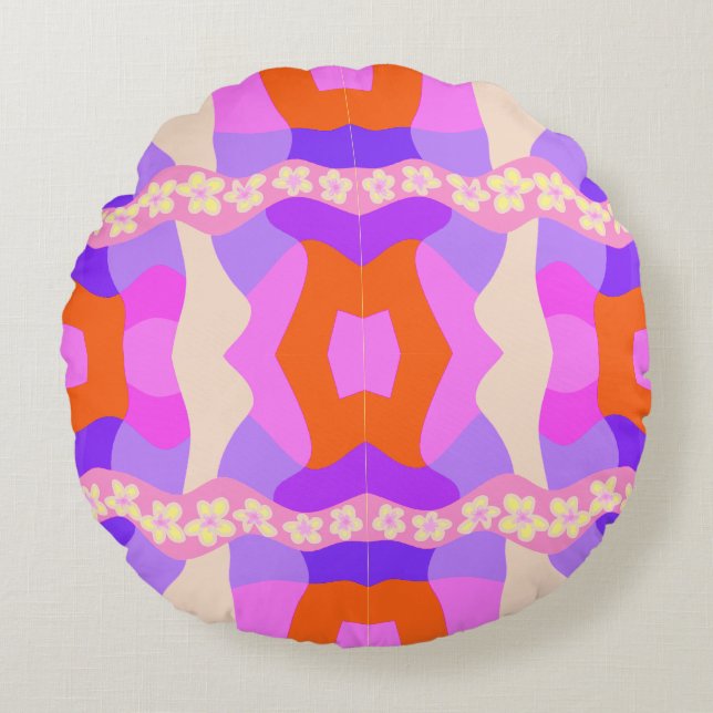 Psychedelisch - Daisy Chain Patchwork - Rosa Lila  Rundes Kissen (Vorderseite)
