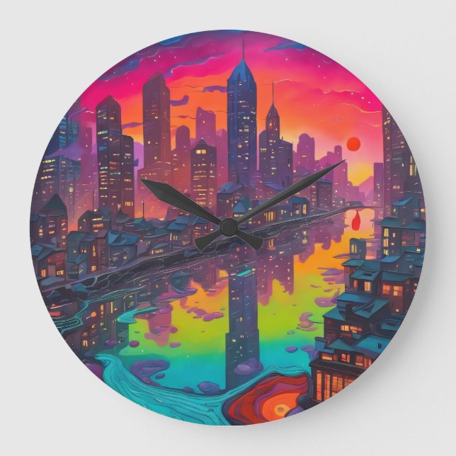 Psychedelisch Dunkelstadt Große Wanduhr (Vorderseite)