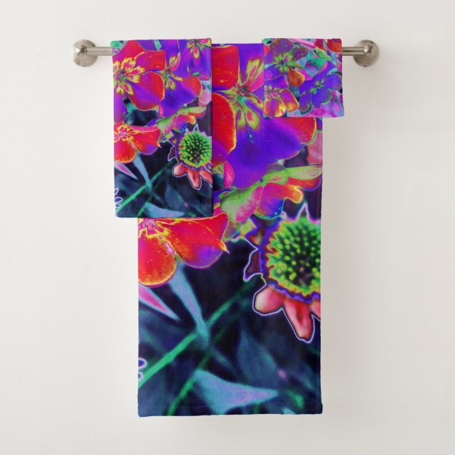 Psychedelisch farbige Rot- und Lila-Blumen Badhandtuch Set (Insitu)