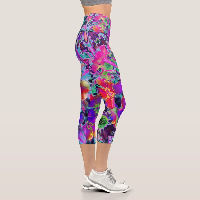 Psychedelisch farbige Rot- und Lila-Blumen Capri Leggings (Rechts)