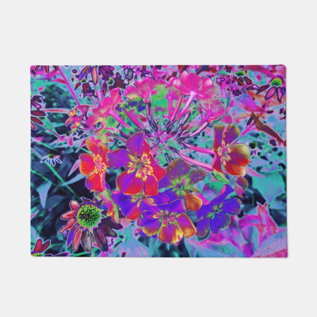 Psychedelisch farbige Rot- und Lila-Blumen Fußmatte (Vorderseite)