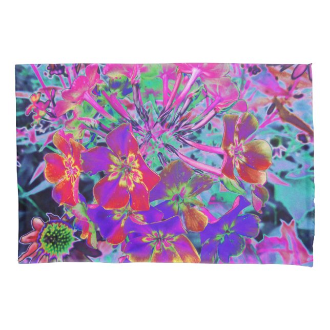 Psychedelisch farbige Rot- und Lila-Blumen Kissenbezug (Vorderseite)