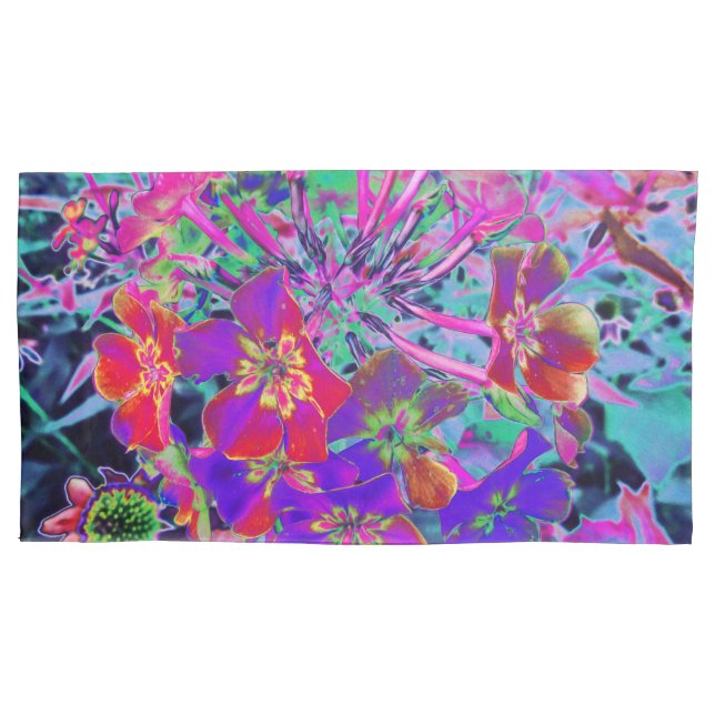 Psychedelisch farbige Rot- und Lila-Blumen Kissenbezug (Vorderseite-Links)