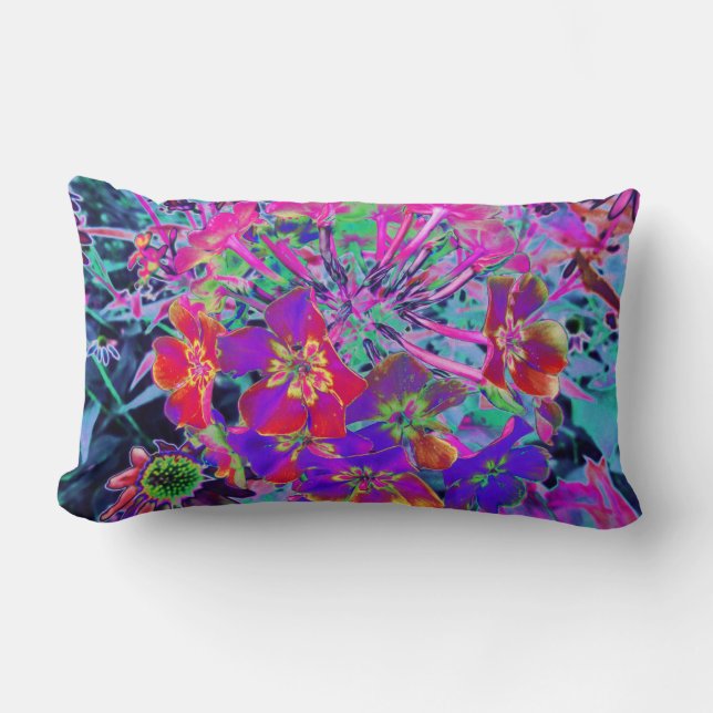 Psychedelisch farbige Rot- und Lila-Blumen Lendenkissen (Vorderseite)