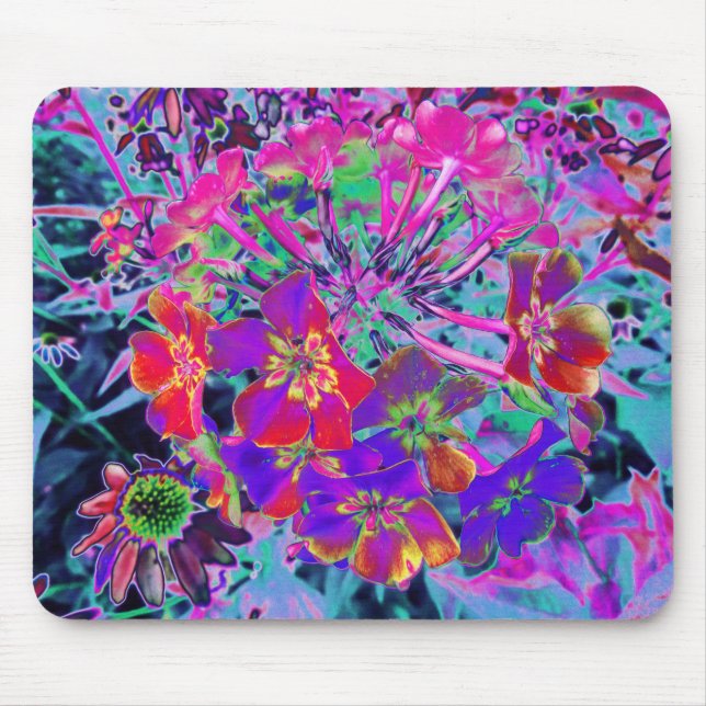 Psychedelisch farbige Rot- und Lila-Blumen Mousepad (Vorne)
