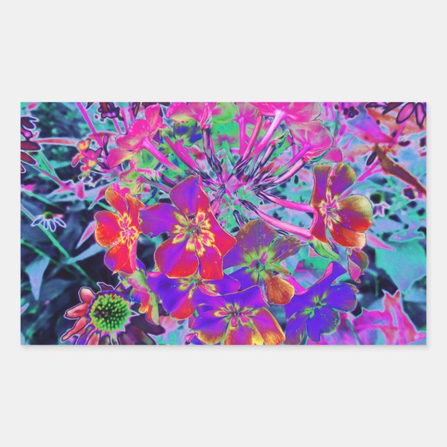 Psychedelisch farbige Rot- und Lila-Blumen Rechteckiger Aufkleber (Vorderseite)