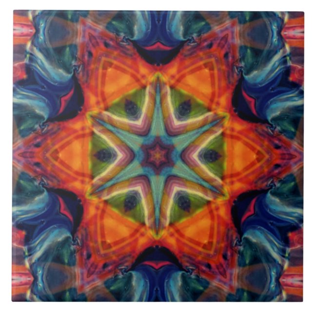 Psychedelisch farbiges Kaleidoskop-Muster Fliese (Vorderseite)