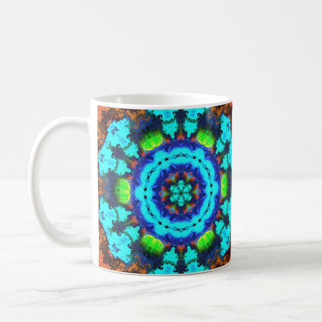 Psychedelisch Hippie Blume Blue Orange und Green Kaffeetasse (Links)
