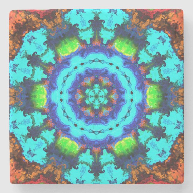 Psychedelisch Hippie Blume Blue Orange und Green Steinuntersetzer (Vorderseite)