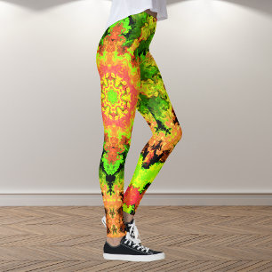 Psychedelisch Hippie Blume Grün Orange und Rot Leggings