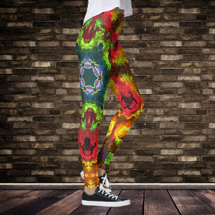 Psychedelisch Hippie Blume Grün Rot und Orange Leggings