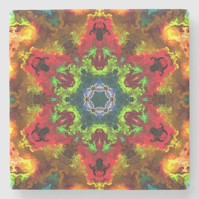 Psychedelisch Hippie Blume Grün Rot und Orange Steinuntersetzer (Vorderseite)