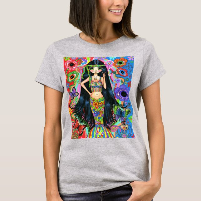 Psychedelisch Hippie Girl Mermaid Peace Sign Big E T-Shirt (Vorderseite)