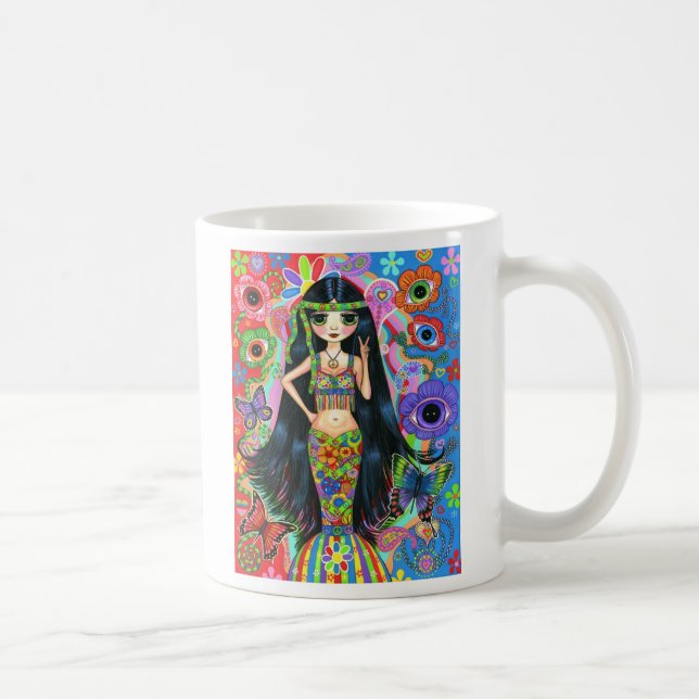 Psychedelisch Hippie Mermaid Girl Doll Peace Sign Kaffeetasse (Rechts)