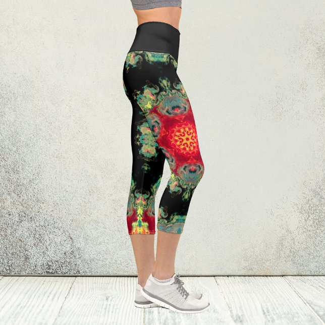 Psychedelisch Hippie Red Aquamarin und Schwarz Leg Capri Leggings (Von Creator hochgeladen)