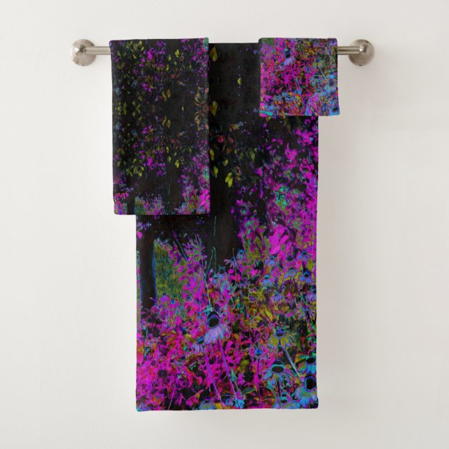 Psychedelisch Hot Pink und Black Garden Sunrise Badhandtuch Set (Insitu)