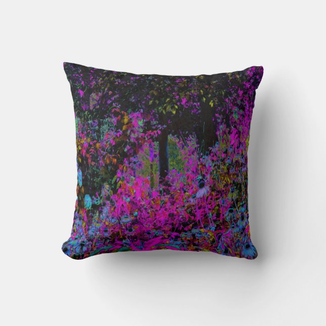 Psychedelisch Hot Pink und Black Garden Sunrise Kissen (Vorderseite)