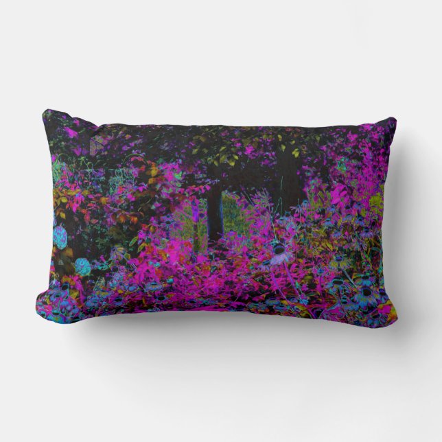 Psychedelisch Hot Pink und Black Garden Sunrise Lendenkissen (Vorderseite)