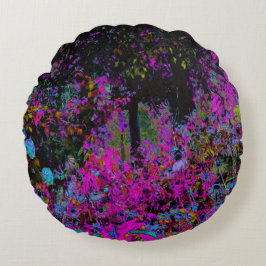 Psychedelisch Hot Pink und Black Garden Sunrise Rundes Kissen