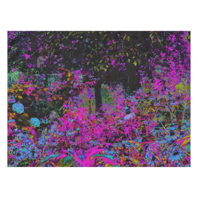 Psychedelisch Hot Pink und Black Garden Sunrise Tischdecke (Vorderseite (Horizontal))