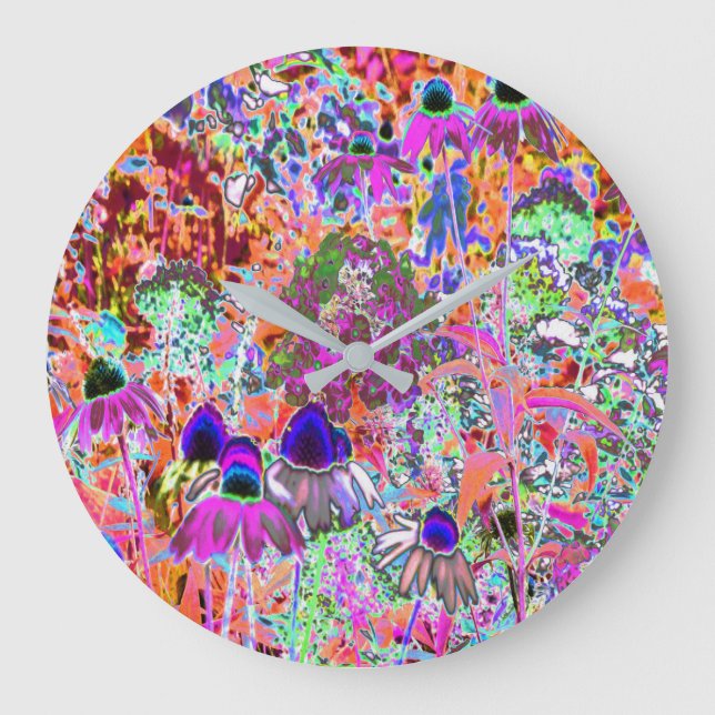Psychedelisch Hot Pink und Linse Green Garden Blum Große Wanduhr (Vorderseite)
