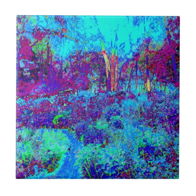 Psychedelisch Impressionistisch Blauer Garten Land Fliese (Vorderseite)
