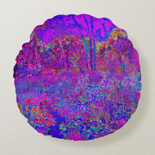 Psychedelisch Impressionistisch Lila Landschaft Rundes Kissen (Vorderseite)