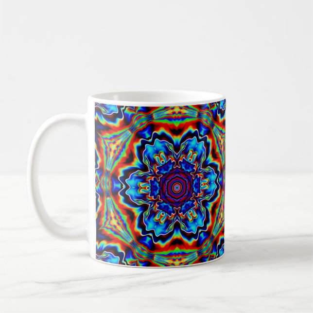 Psychedelisch Kaleidoskop Blau Rot und Grün Kaffeetasse (Links)