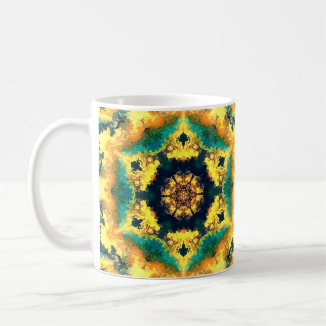 Psychedelisch Kaleidoskop Gelb Blau und Grün Kaffeetasse (Links)